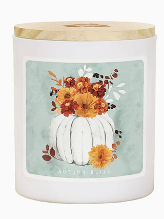 Soy candle with wooden lid; “Autumn Bliss” pumpkin vase floral label