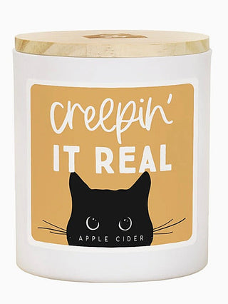 Soy candle with wooden lid; “Creepin’ It Real” apple cider cat label
