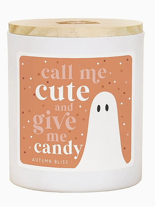 Soy candle with wooden lid; “Call Me Cute and Give Me Candy” ghost label