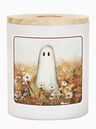 Soy candle with wooden lid; “Autumn Bliss” cute ghost in floral field label