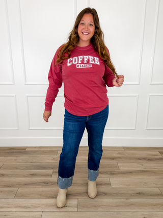 Red Coffee Weather graphic long sleeve tee styled with dark wash straight leg jeans and cream booties.