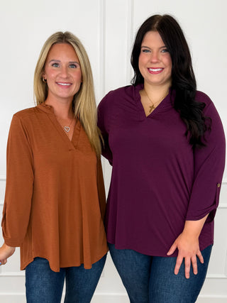Wrinkle-free 3/4-sleeve Gabby top, purple V-neck with relaxed fit