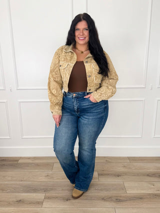 Tan damask-print cropped jacket with long sleeves and open front