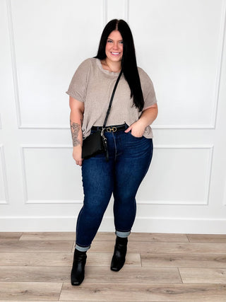 Taupe waffle knit top paired with Judy Blue Kyla skinny jeans and black ankle booties.