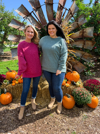 Brushed knit pocket top and blue jeans outfit, maroon and heather green long-sleeve tops