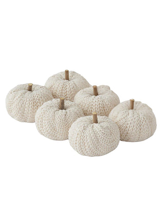 Ivory knit fabric pumpkin decor set with five round tops and brown stems