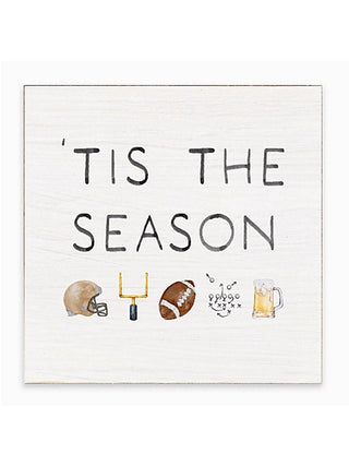 Fall wood block sign with “Tis the Season” text and small fall drink icons