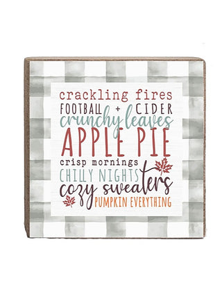Fall wood block sign with “crackling fires” and “apple pie” quote collage