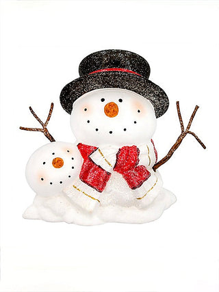 Snowman resin decoration with black top hat, red scarf, twig arms, and snowflakes.