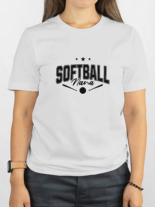 White short-sleeve graphic tee with “SOFTBALL” and “Nana” lettering with stars