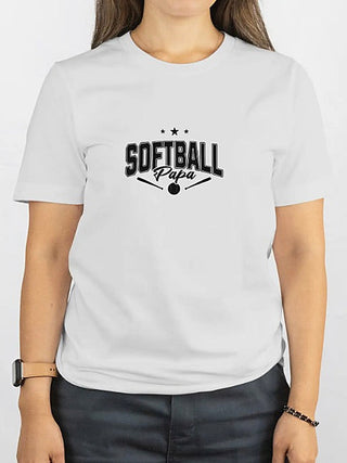 White short-sleeve graphic tee with “SOFTBALL” and “Papa” lettering with stars