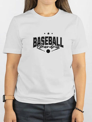 White short-sleeve graphic tee with “BASEBALL” and “Grandma” lettering with stars
