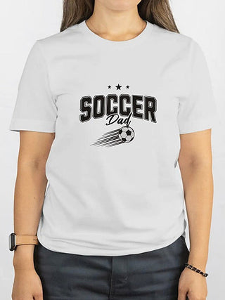 White short-sleeve graphic tee with “SOCCER” and “Dad” lettering plus soccer ball