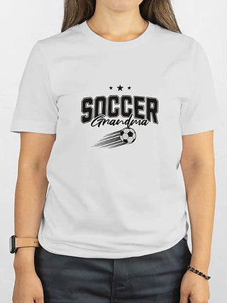 White cotton-blend short-sleeve graphic tee with “SOCCER Grandma” and soccer ball