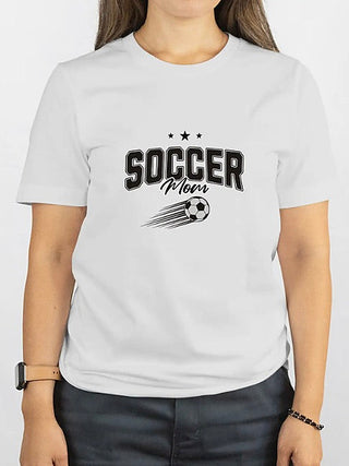 White cotton-blend short-sleeve graphic tee with “SOCCER Mom” and soccer ball