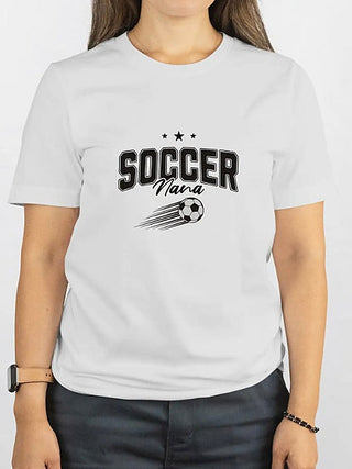 White cotton-blend short-sleeve graphic tee with “SOCCER Nana” and soccer ball