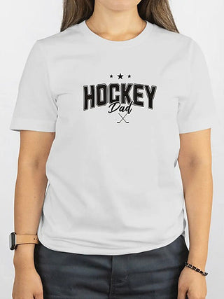 White cotton-blend short-sleeve graphic tee with “HOCKEY Dad” and crossed sticks