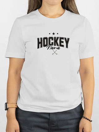 White cotton-blend short-sleeve graphic tee with “HOCKEY Nana” and crossed sticks