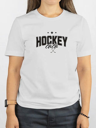 White short-sleeve graphic tee with 'HOCKEY' text and crossed sticks, Avery?