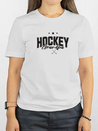 White short-sleeve graphic tee with 'HOCKEY' text and crossed sticks, Grandpa