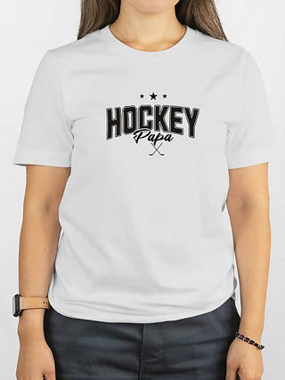 White short-sleeve graphic tee with 'HOCKEY' text and crossed sticks, Papa