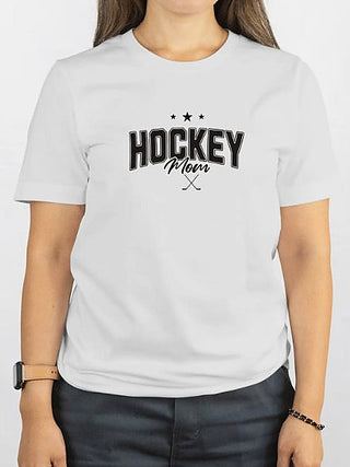 White short-sleeve graphic tee with 'HOCKEY' text and crossed sticks, Mom