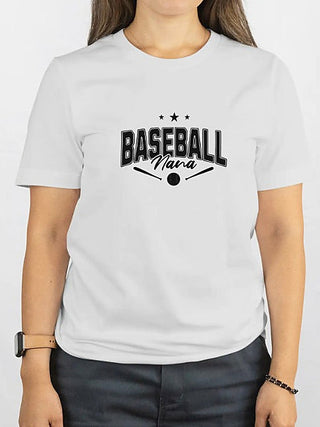 White short-sleeve graphic tee with 'BASEBALL' text, stars, and bat icons, Nana