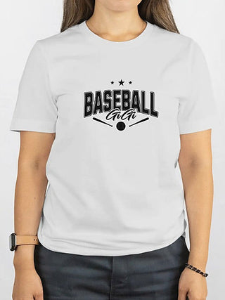 White short-sleeve graphic tee with 'BASEBALL' text, stars, and bat icons, Gigi