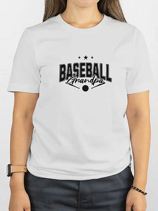 White short-sleeve graphic tee with 'BASEBALL' text, stars, and bat icons, Grandpa