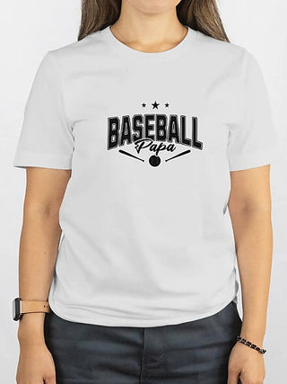 White short-sleeve graphic tee with 'BASEBALL' text, stars, and bat icons, Papa
