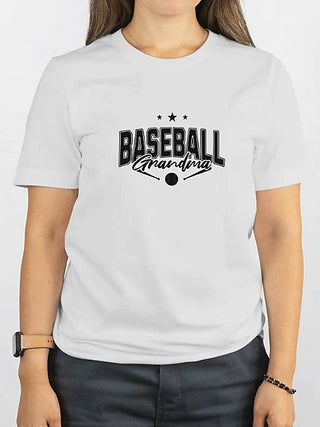 White short-sleeve baseball graphic t-shirt with 'Baseball Grandma' text and stars