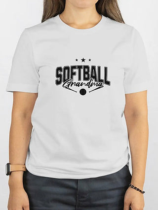 White short-sleeve graphic tee with “SOFTBALL” and “Grandma” lettering with stars