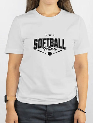 White short-sleeve graphic tee with “SOFTBALL” and “Mimi” lettering with stars