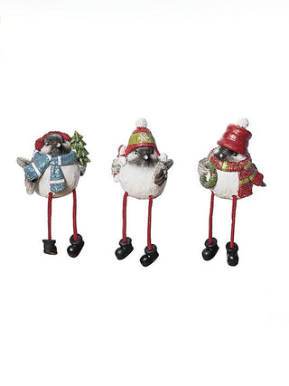 Resin shelf sitter set of three holiday bird statues on long legs, winter scarves and hats