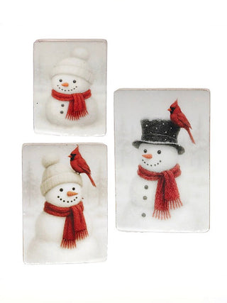 Wood block set featuring two square winter designs with snowmen and red cardinals