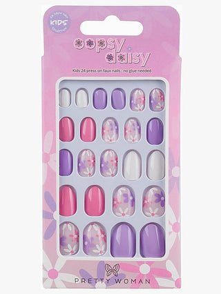 Kids press-on nails set with purple, pink, and white daisy patterns (24)