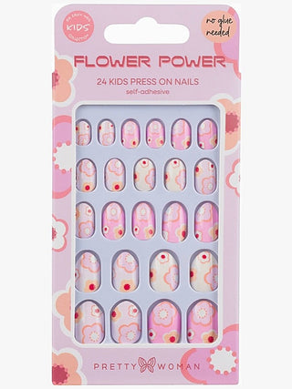 Kids press-on nails set with pink and white tips featuring small flower icons (24)