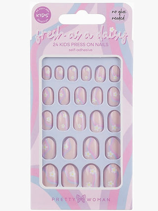 Kids press-on nails set with pastel purple and white designs and daisy details (24)