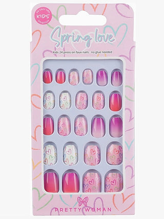 Kids press-on nails set with hot pink solid nails and heart/spring motifs (24)