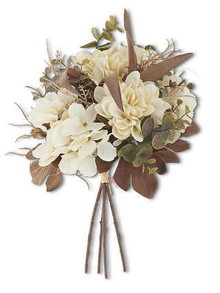 Cream flower bouquet with mixed greenery and dried leaves
