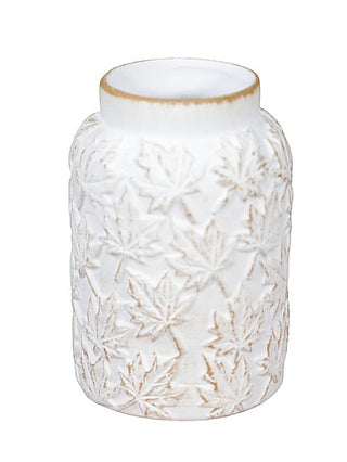 White ceramic jar with embossed leaf pattern and lid