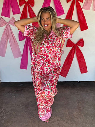 Pink floral high-rise pajama set with sleeveless top and matching pants