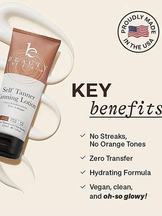 Self tanning lotion bottle with no-streak and zero-transfer benefit callouts