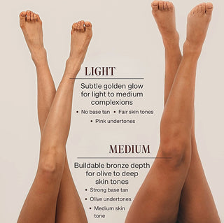 Self tanning lotion shade guide with light and medium golden glow on legs