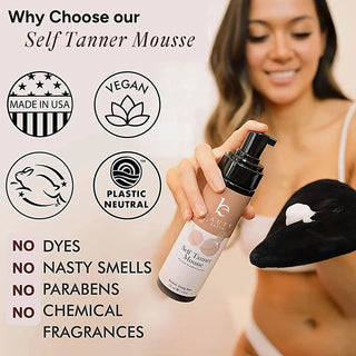 Self tanner mousse bottle with black pump, held in hand