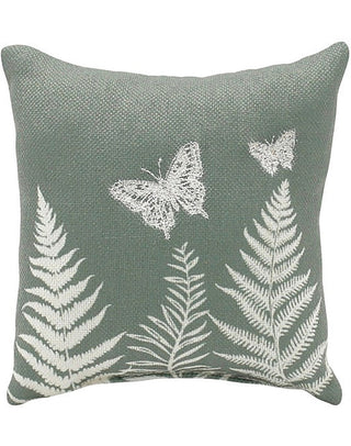 Green mini throw pillow with embroidered fern leaves and butterflies, square shape