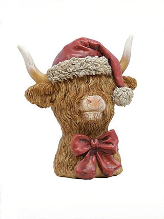 Brown resin animal figurine wearing a Santa hat and red bow