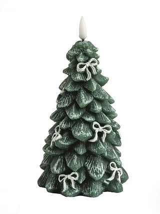 Green LED candle shaped like a Christmas tree with bow decorations