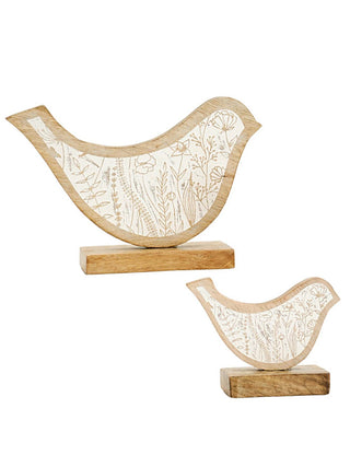 Two-piece white bird wood decor set with carved leaf pattern on curved seats.