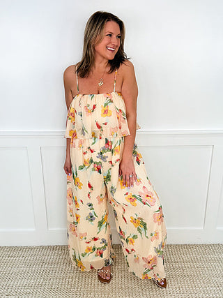 Peach floral ruffle-strapped jumpsuit with wide-leg pants